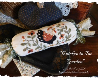 Chicken in The Garden Hand Embroidery Pattern Download by Diane Knott LLC - for Pincushion, Needle Roll, Bowl Filler, Sachet