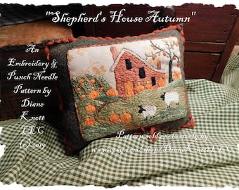 Punch Needle or Embroidery Pattern Download  by Diane Knott LLC - Prim Fall House - suitable for both needlework techniques