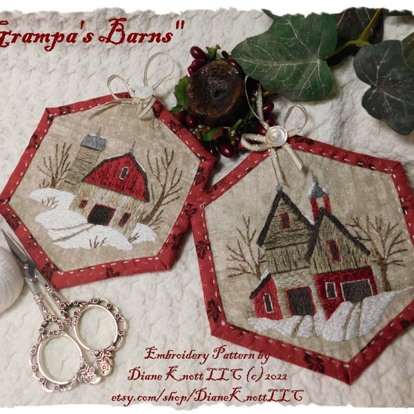 Hand Embroidery Pattern Winter Barns Download - Christmas Ornaments or Mug Rugs - EASY stitches - both designs incl. 5" in size