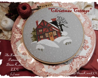 Christmas Cottage - A Hand Embroidery Pattern Download by Diane Knott LLC - a festive snowy cottage scene