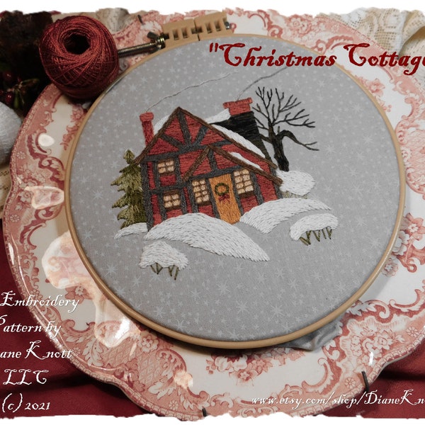 Christmas Cottage - A Hand Embroidery Pattern Download by Diane Knott LLC - a festive snowy cottage scene