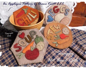 Wool Scrap Project - Soup Bowl and Mug Rugs Wool Applique Pattern Download by Diane Knott LLC