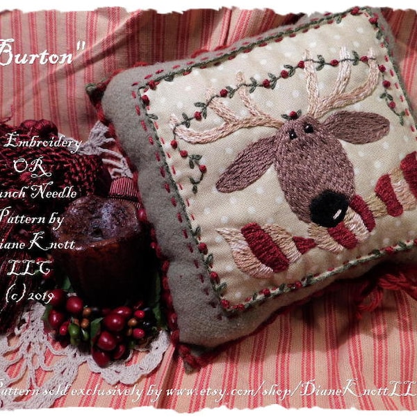 Christmas Reindeer Embroidery or Punch Needle Pattern Download by Diane Knott LLC - Instructions for both techniques