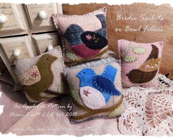 Birds Bowl Fillers, Sachets or Pincushions Wool Applique Pattern Download by Diane Knott LLC - suitable for both cotton and wool methods