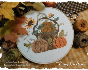 Pumpkin Trio Hand Embroidery Pattern Download: Fall Harvest Basket (PDF Download)