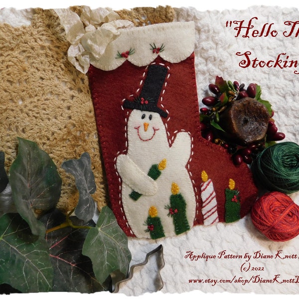 A Little Christmas Snowman Stocking Wool Applique Pattern Download by Diane Knott LLC - Easy - wool or wool felt small scrap project