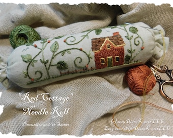 Rouleau d'aiguilles rouge cottage, pelote d'épingles, sachet, motif de broderie à la main pour remplissage de bol, téléchargement par Diane Knott LLC