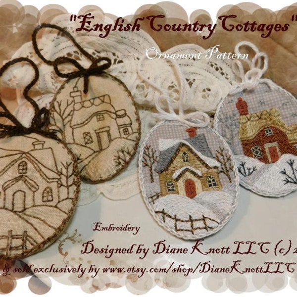 English Cottage Christmas Ornaments Embroidery Pattern Download by Diane Knott LLC - Instructions for both techniques incl.