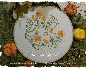Floral Hand Embroidery Pattern Download by Diane Knott LLC - Summer Grace - Easy Stitches - Yellow/Orange Flowers
