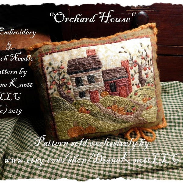 Embroidery or Punch Needle Pattern Download - Prim Orchard House - by Diane Knott LLC - Suitable for both techniques
