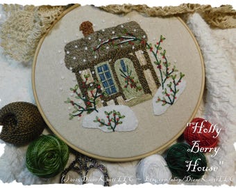 English Cottage with Holly, Berries and Snowflakes Hand Embroidery Pattern Download by Diane Knott LLC