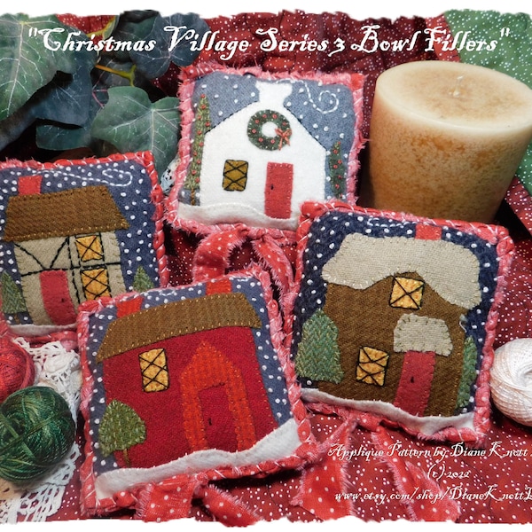 Christmas Village Series 3 - Four Bowl Filler Designs Included in This Applique Pattern Download by Diane Knott LLC