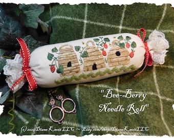 Bee-Berry Strawberries and Beehive Needle Roll, Pincushion, Hand Embroidery Pattern Download by Diane Knott LLC