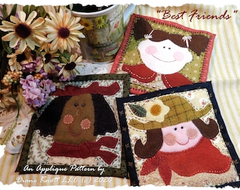 Best Friends Wool Applique Mug Rugs Pattern Download by Diane Knott LLC - Suitable for wool, cotton needle turn or fusible techniques
