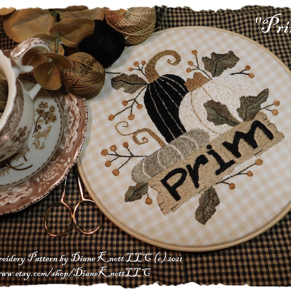 Prim Pumpkins Sign - An Embroidery Pattern Download by Diane Knott LLC - 3 Prim Pumpkins in Neutral Fall Colors