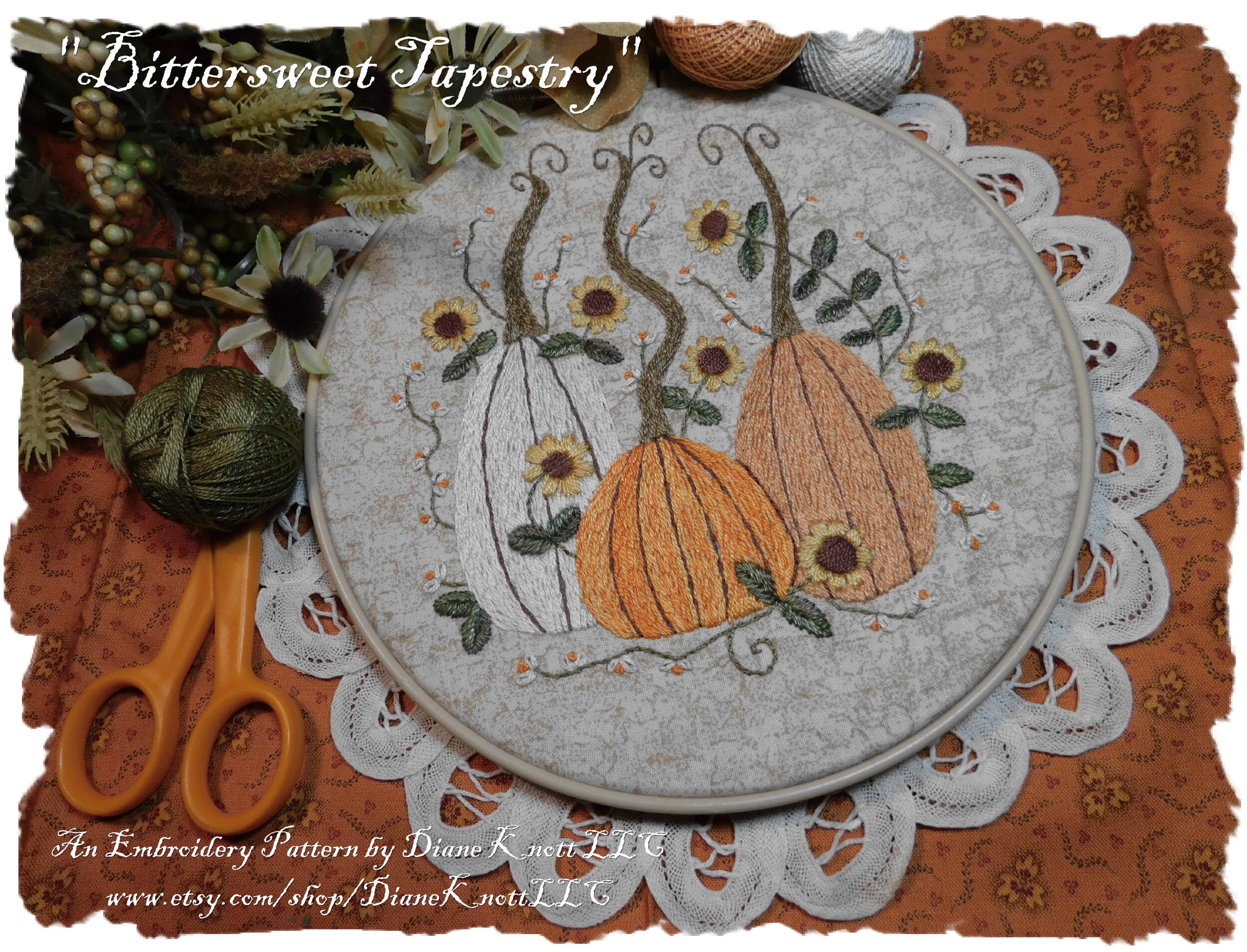 Bittersweet, Pumpkins and Sunflowers Embroidery Pattern Download by ...