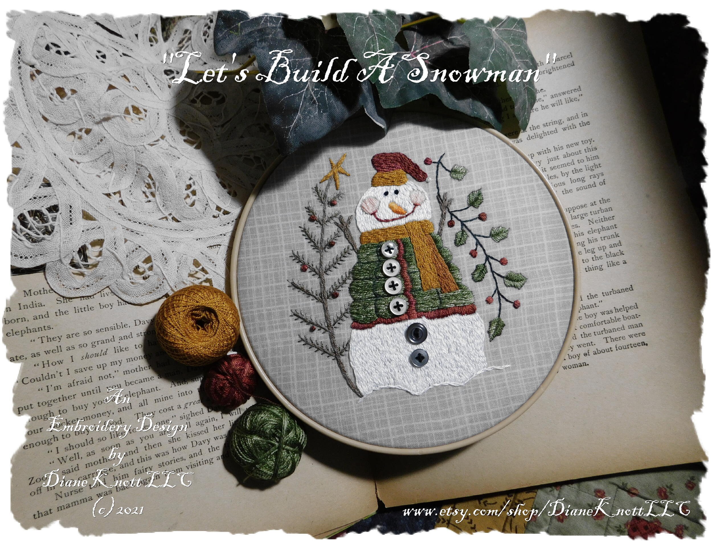 Diane Knott LLC による雪だるまの手刺繍パターンのダウンロード 