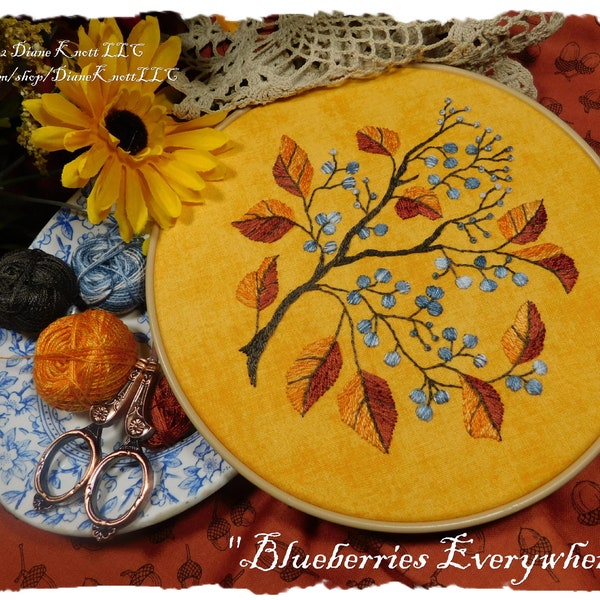 Blueberries and Fall Leaves Hand Embroidery Pattern Download by Diane Knott LLC