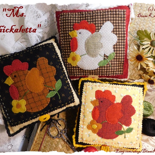 A Chicken Wool Applique Pattern Download for Bowl Fillers or Pincushions - 1 design included - shown in 3 different colors