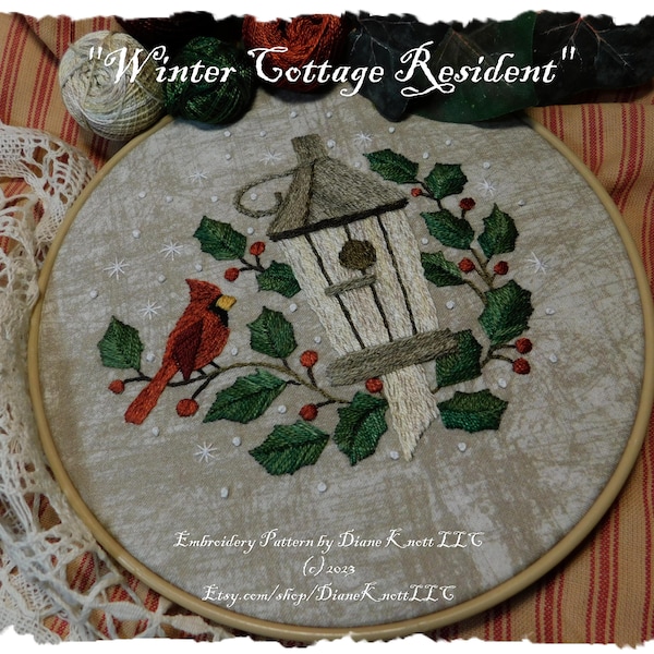 Birdhouse with Cardinal, Holly, Berries and Snowflakes Hand Embroidery Pattern Download - 5" x 5 1/2" Diane Knott LLC