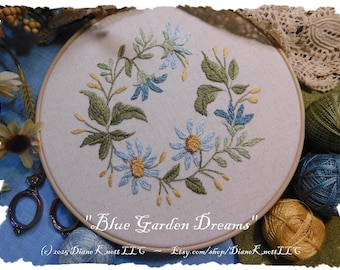Blue Garden Dreams Floral Hand Embroidery Pattern Download - Easy Stitches - by Diane Knott LLC