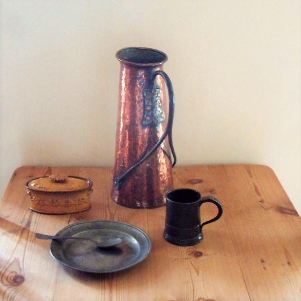 RESERVED FOR BERT>Copper jug /water  Arts & Crafts period  French hand made , rare , heavy , French chateau , hand  beaten , superb item