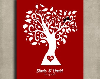 Personalized Valentine Wedding Family Tree Red White Love Birds Gift Girlfriend February Anniversary Custom Art Print 1419