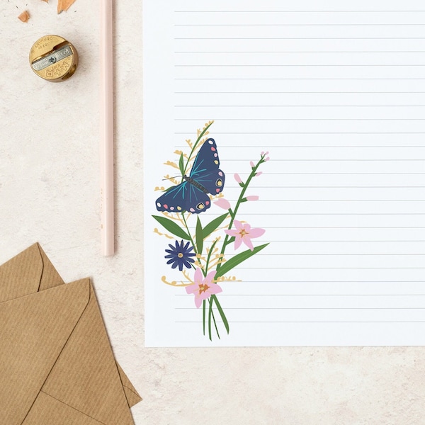 A4 writing paper sheets | Plain or lined | Pretty floral butterfly design note paper | letter writing paper