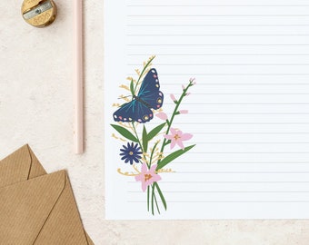 A4 writing paper sheets | Plain or lined | Pretty floral butterfly design note paper | letter writing paper