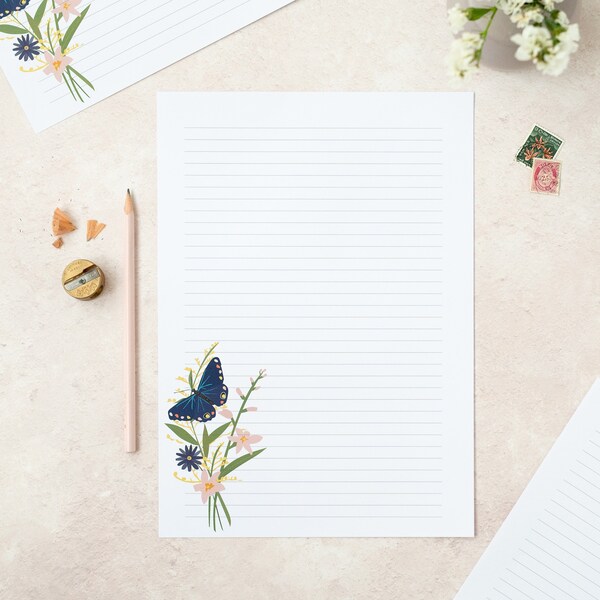 fancy writing paper printable A4 writing paper sheets | Plain or lined | Pretty floral butterfly design note paper | letter writing paper