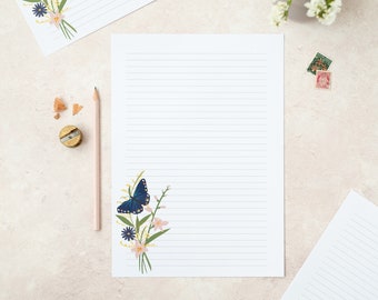beautiful paper for writing A4 writing paper sheets | Plain or lined | Pretty floral butterfly design note paper | letter writing paper