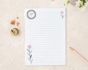 A4 writing paper sheets | Plain or lined | Pretty floral daisy design note paper | letter writing paper