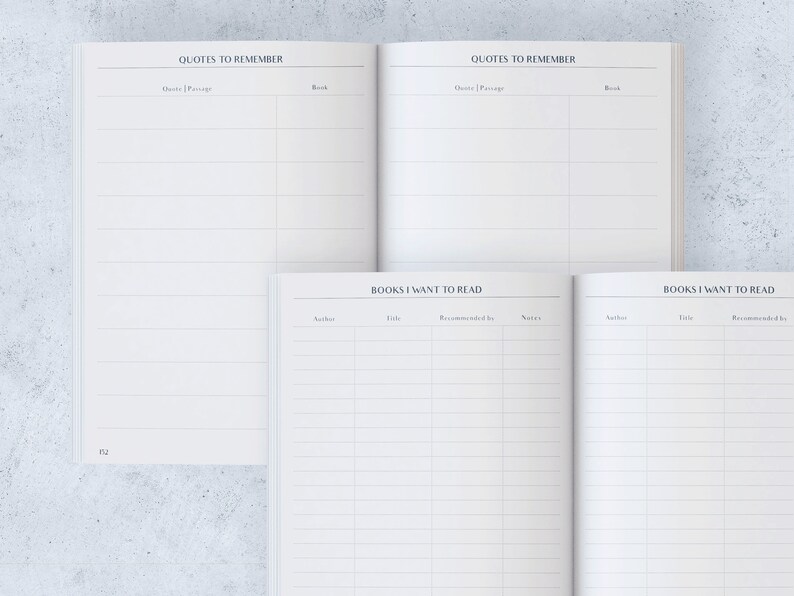 May include: Open notebook with lined pages. The top pages read "QUOTES TO REMEMBER" with spaces for quotes, passages, and book titles. The bottom pages read "BOOKS I WANT TO READ" with spaces for author, title, and notes.
