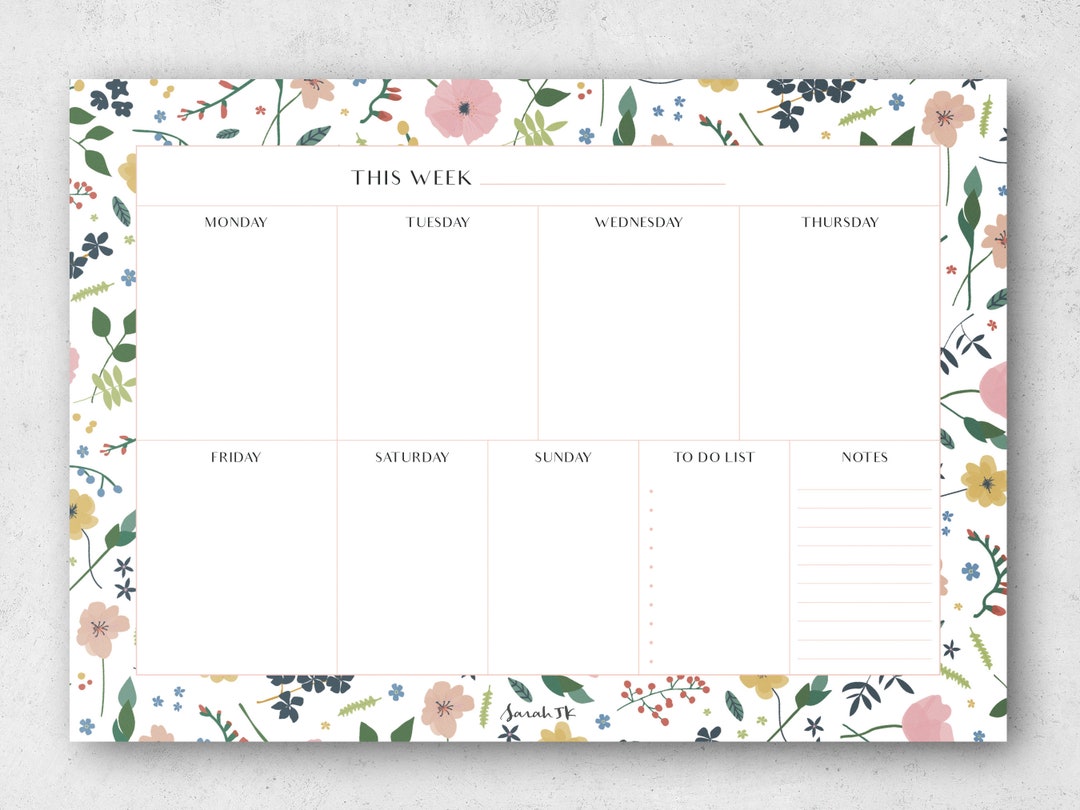 Floral A4 Weekly Planner | Desk Pad Organiser | Meal Planner | 50 Page ...