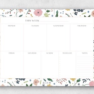 Floraler A4 Wochenplaner | Schreibtischunterlage Organizer | Speiseplaner | 50 Seiten Notizblock