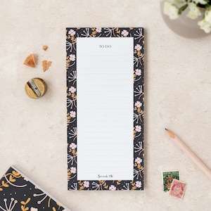 Floral to do list notepad | daily task list | magnetic notepad | cute organiser pad | stylish black and gold stationery | slim DL jotter