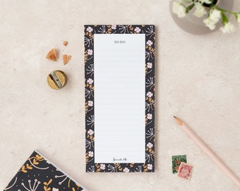 Floral to do list notepad | daily task list | magnetic notepad | cute organiser pad | stylish black and gold stationery | slim DL jotter