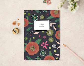 Pretty notebook | Slim A5 lined notebook | floral poppy pattern | stationery gift