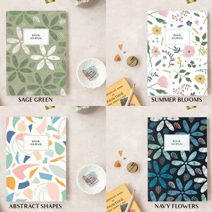 May include: Four journals with various cover designs are shown. The covers display floral and abstract patterns in sage green, summer blooms, abstract shapes, and navy flowers. Each journal has a white label that reads "BOOK JOURNAL".