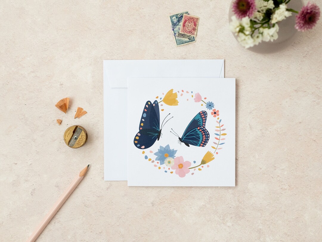 6 Butterfly Notecards With Envelopes | Square Blank Greeting Cards Set ...