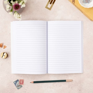 May include: An open notebook with lined pages, a pencil, and a pencil sharpener on a light pink surface. There are also some stamps and a small vase with flowers.