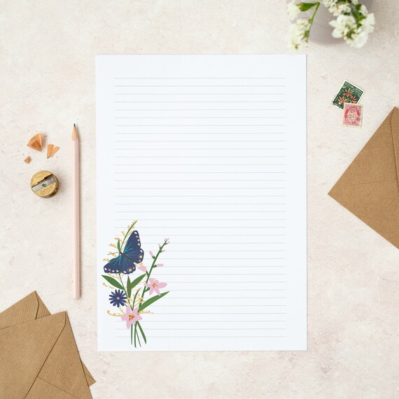 A4 writing paper sheets | plain or lined | pretty floral butterfly ...
