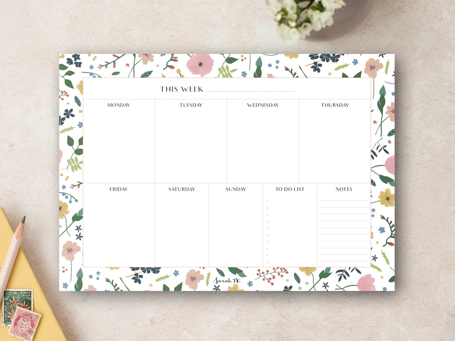 Floral A4 Weekly Planner | Desk Pad Organiser | Meal Planner | 50 Page ...
