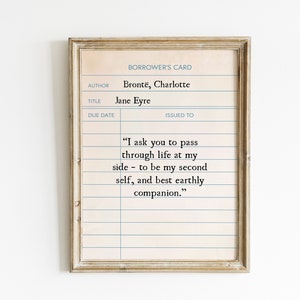 Impresión de tarjeta de biblioteca con cita de Jane Eyre, Charlotte Brontë digital, arte de pared imprimible con cita de un libro clásico, decoración de estantería vintage, regalo literario
