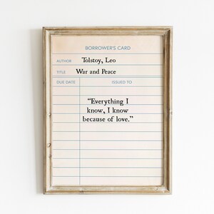 Arte de pared imprimible con cita de Guerra y Paz, tarjeta de biblioteca, impresiones digitales, letrero de León Tolstói, amor, regalo de bibliotecario, decoración de estanterías