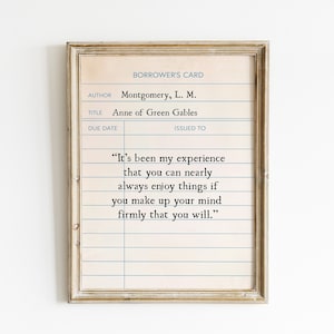 Tarjeta de biblioteca con cita de Ana de las Tejas Verdes, arte de pared imprimible, impresiones digitales de L.M. Montgomery, letrero de Ana de las Tejas Verdes, regalo para bibliotecario