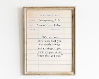Anne of Green Gables Quote Library Card Printable Wall Art |  Digital Prints | Old School Library Return Card | Anne of Green Gables Sign