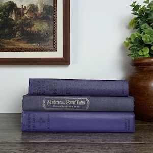 May include: A stack of three hardcover books in shades of purple and blue. The top book is dark purple, the middle is a muted blue-gray titled Andersen's Fairy Tales, and the bottom is a bright purple book titled Catherine The Great.