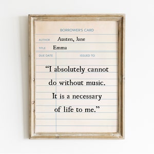 Emma Quote Bibliotheekkaart Afdrukbare Muurkunst, Emma Digitale Prints, Bibliotheek Retourkaartteken, Jane Austen Teken, Emma home decor teken