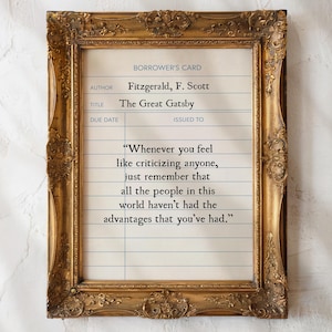 The Great Gatsby Printable Wall Art, Vintage Book Quote Print, Book Lover Gift, Digital Print, Library Card Sign